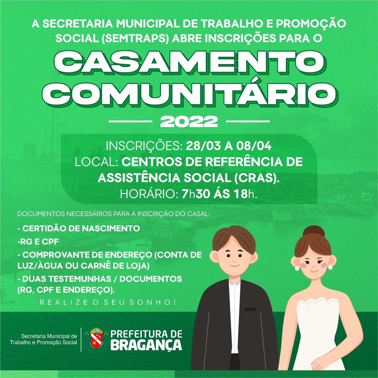 SEMTRAPS ABRE INSCRIÇÕES PARA O CASAMENTO COMUNITÁRIO 2022.