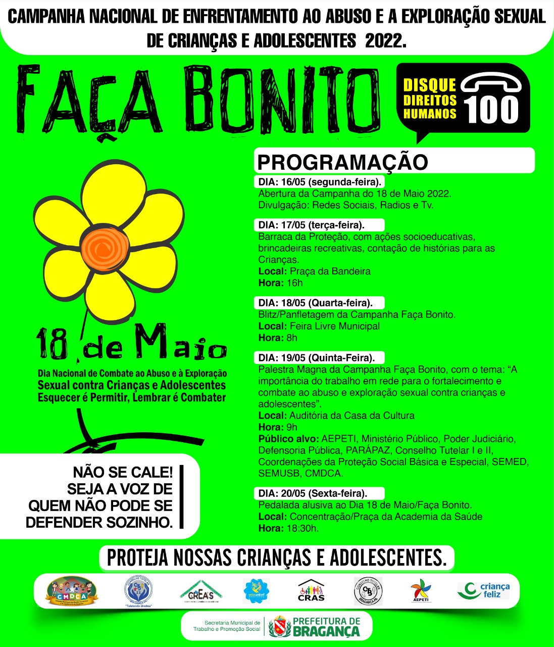 PROGRAMAÇÃO CAMPANHA FAÇA BONITO 18 DE MAIO.