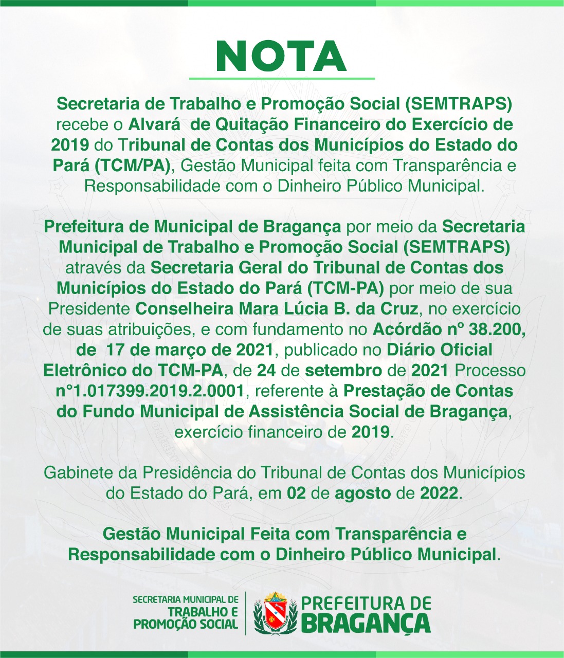 SEMTRAPS RECEBE O ALVARÁ DE QUITAÇÃO FINANCEIRO DO EXERCÍCIO DE 2019.