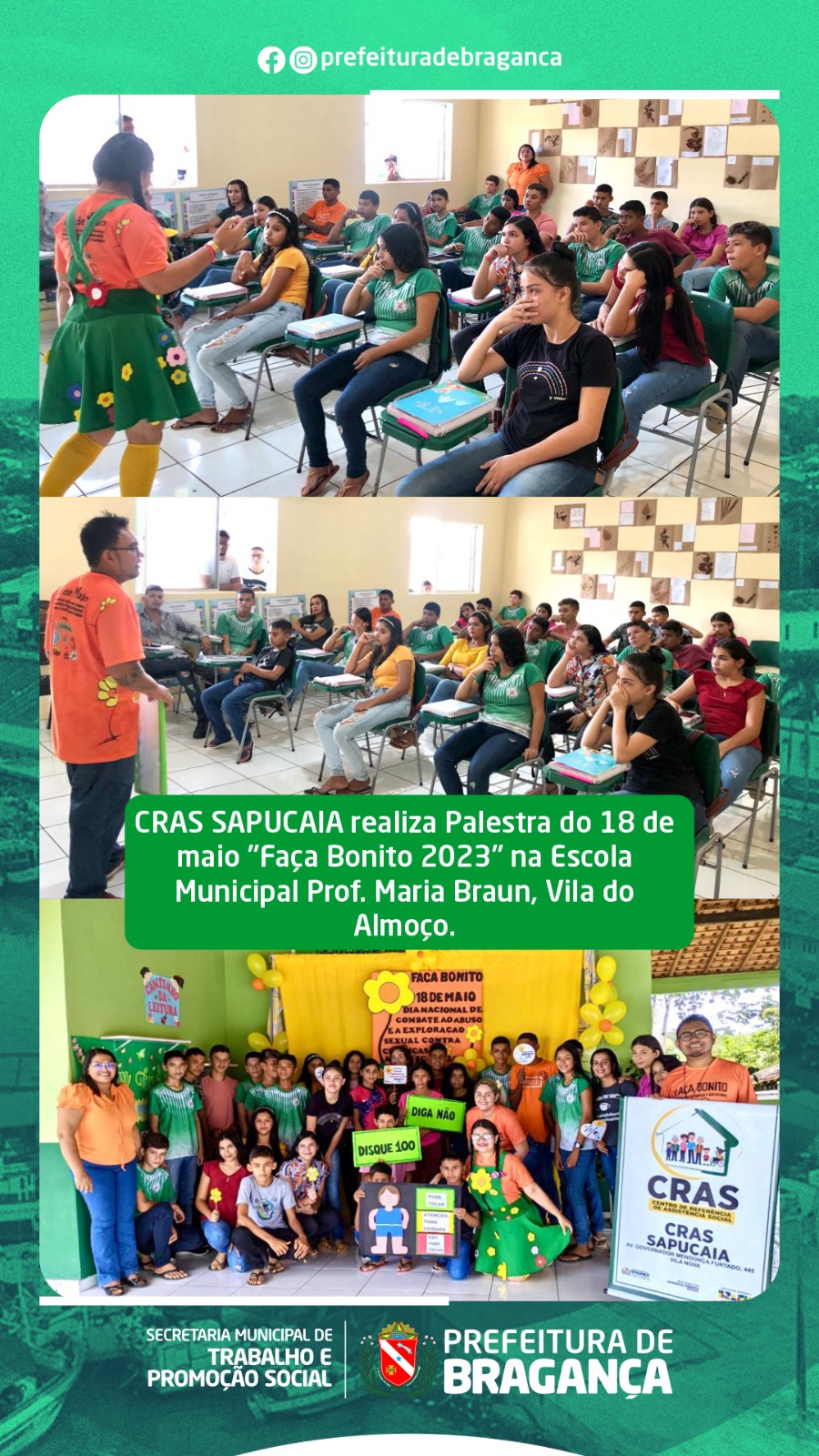 PALESTRA NA ESCOLA MUNICIPAL PROF. MARIA BRAUN, VILA DO ALMOÇO.