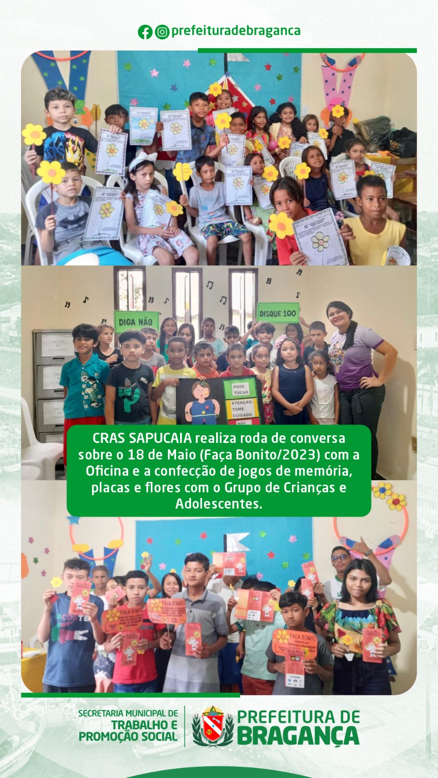 RODA DE CONVERSA COM A OFICINA E A CONFECÇÃO DE JOGOS, PLACAS E FLORES COM O GRUPO DE CRIANÇAS E ADOLESCENTES.