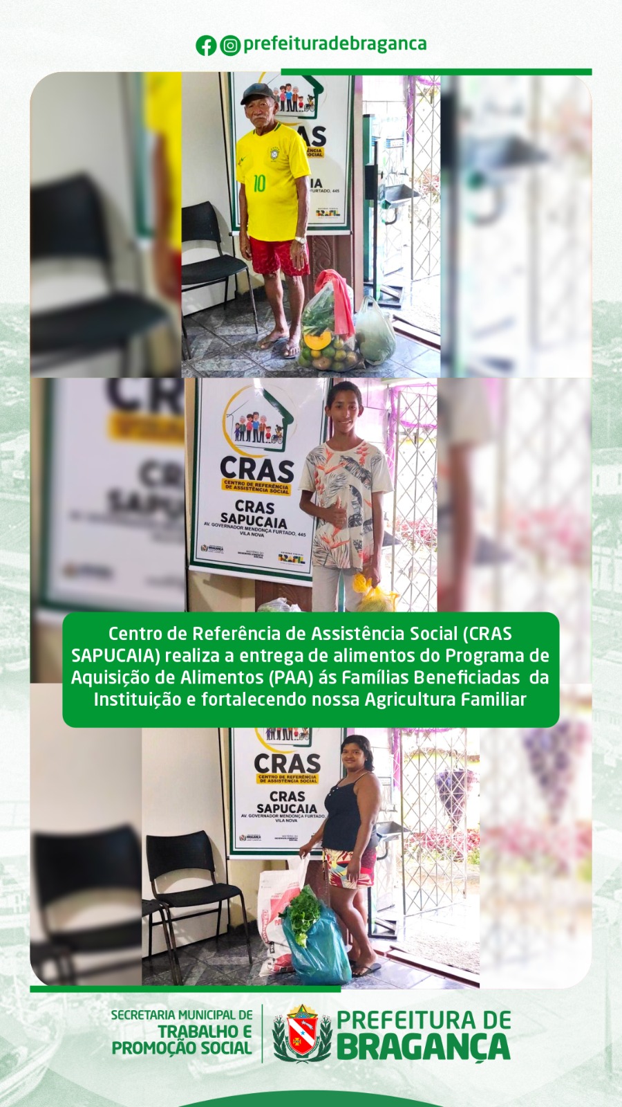 CRAS SAPUCAIA REALIZA A ENTREGA DE ALIMENTOS DO PAA.
