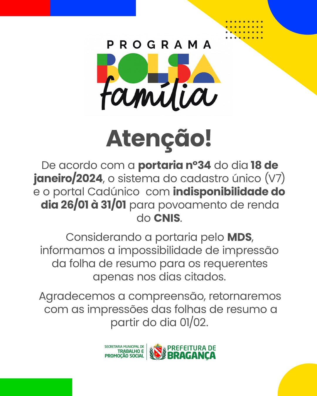 PORTAL CADÚNICO ESTARÁ INDISPONÍVEL ENTRE OS DIAS 26/01 A 31/01