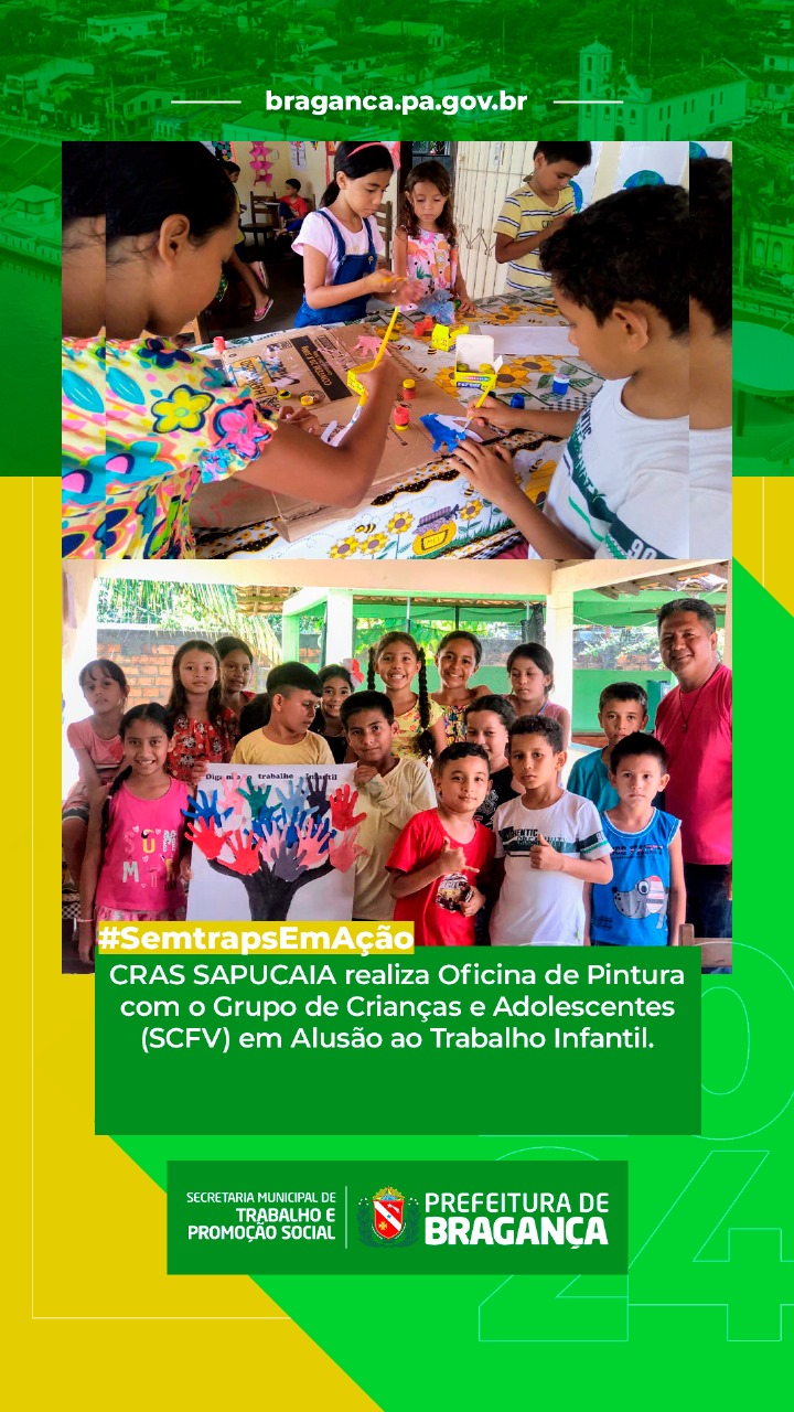 OFICINA DE PINTURA COM O GRUPO DE CRIANÇAS E ADOLESCENTES EM ALUSÃO AO TRABALHO INFANTIL.